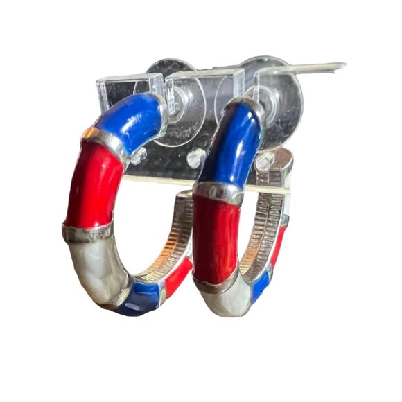 Vintage Red White Blue Enamel Hoops Pierced Earrings Patriotic Summer Democracy - Picture 1 of 11